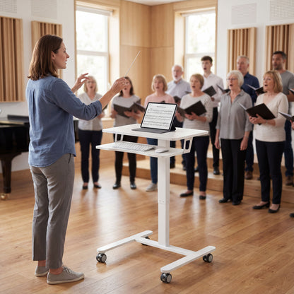 Height-Adjustable Rolling Standing Desk 28–42 in with Keyboard Tray, Steel Frame — Compact White