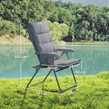 Folding Camping Chair, Fishing Chair with Padded Seat, Adjustable High Backrest and Side Pockets, Foldable Armchair for Hiking, Fishing, Beach, and Picnic, Gray