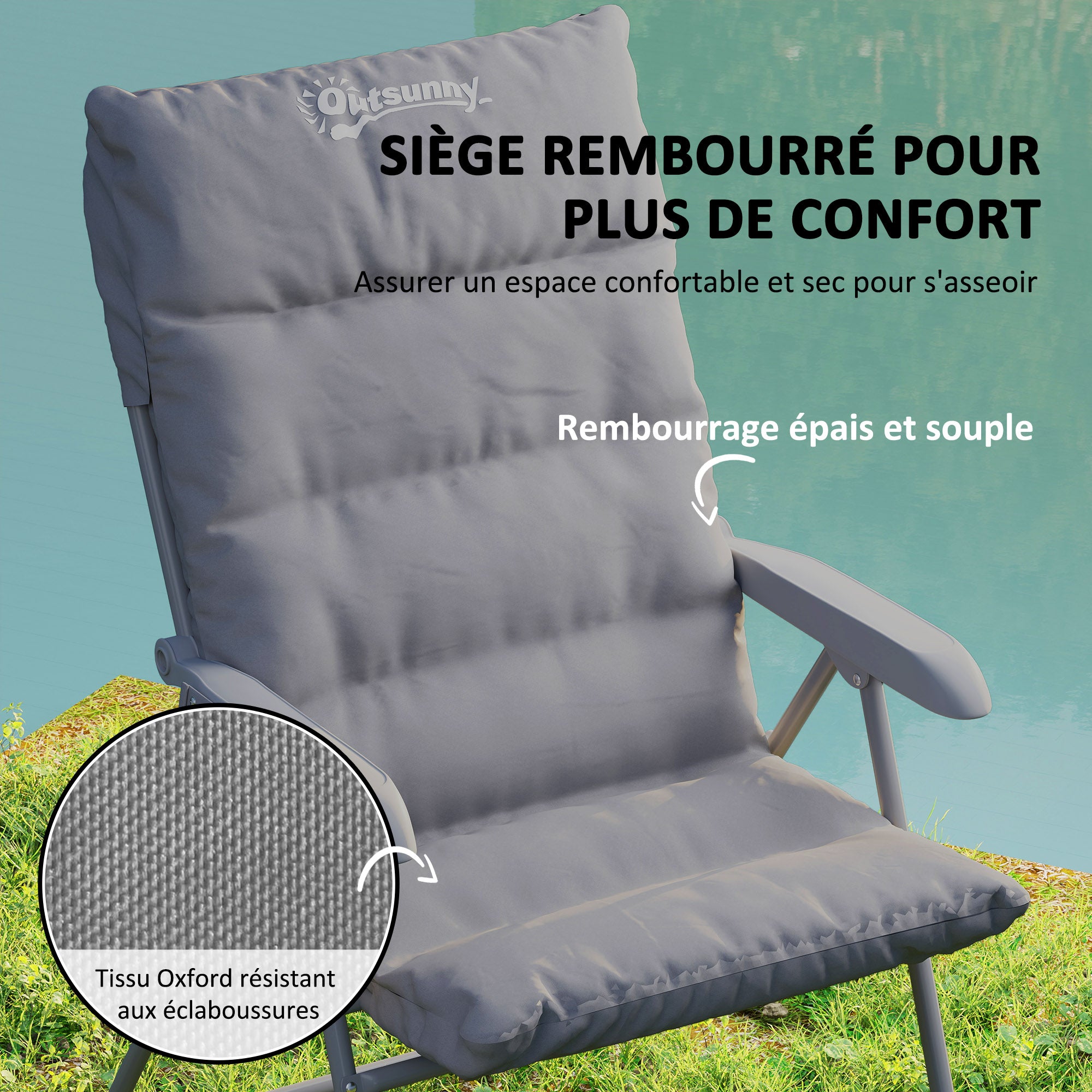Folding Camping Chair, Fishing Chair with Padded Seat, Adjustable High Backrest and Side Pockets, Foldable Armchair for Hiking, Fishing, Beach, and Picnic, Gray