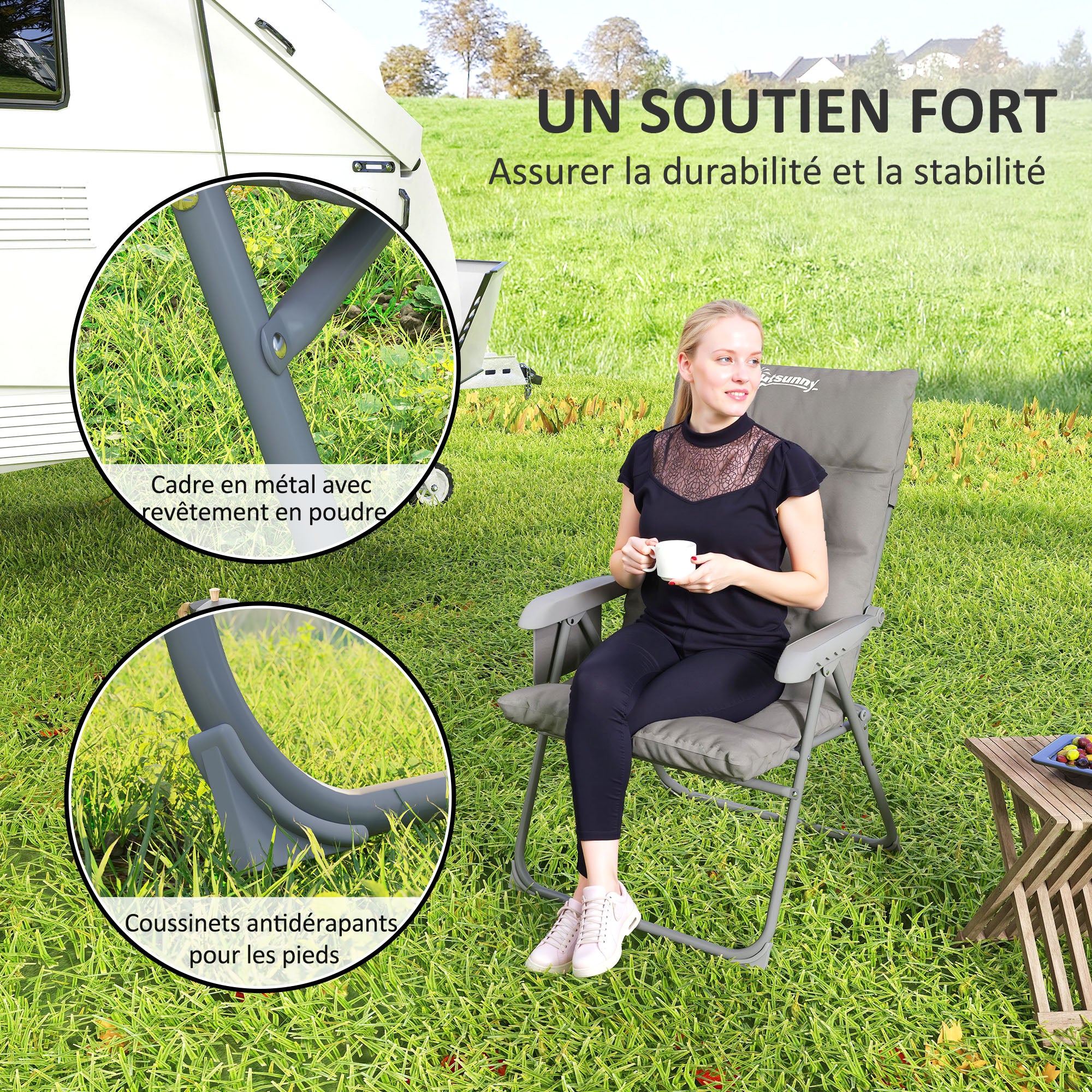 Folding Camping Chair, Fishing Chair with Padded Seat, Adjustable High Backrest and Side Pockets, Foldable Armchair for Hiking, Fishing, Beach, and Picnic, Gray