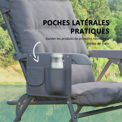 Folding Camping Chair, Fishing Chair with Padded Seat, Adjustable High Backrest and Side Pockets, Foldable Armchair for Hiking, Fishing, Beach, and Picnic, Gray