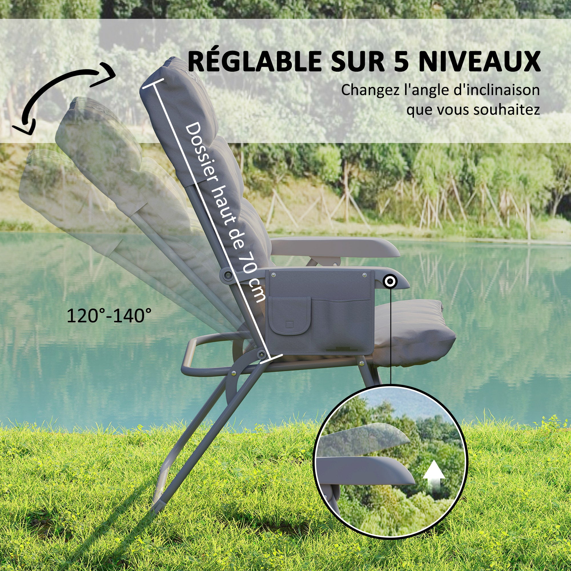 Folding Camping Chair, Fishing Chair with Padded Seat, Adjustable High Backrest and Side Pockets, Foldable Armchair for Hiking, Fishing, Beach, and Picnic, Gray