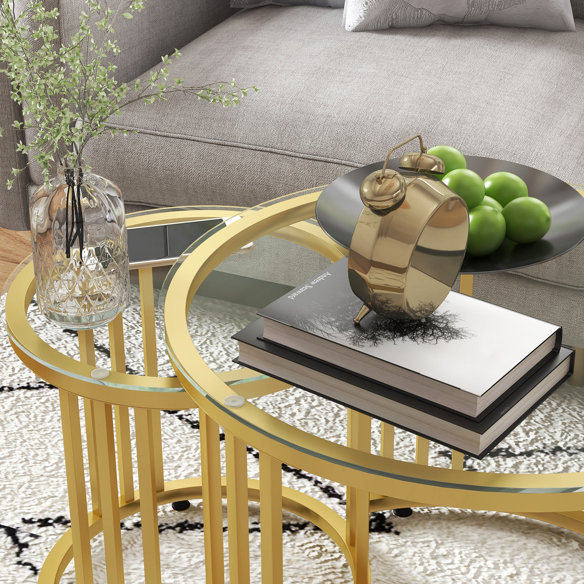 Coffee Table Set of 2, Stackable Side Table with Steel Frame, Living Room Table for Office, Bedroom, Gold