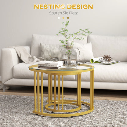 Coffee Table Set of 2, Stackable Side Table with Steel Frame, Living Room Table for Office, Bedroom, Gold