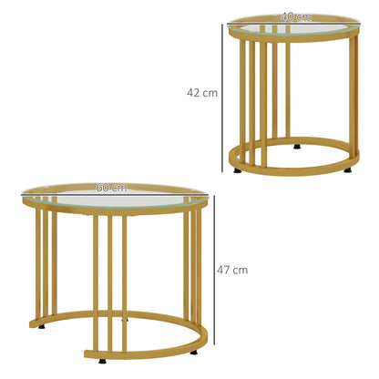 Coffee Table Set of 2, Stackable Side Table with Steel Frame, Living Room Table for Office, Bedroom, Gold