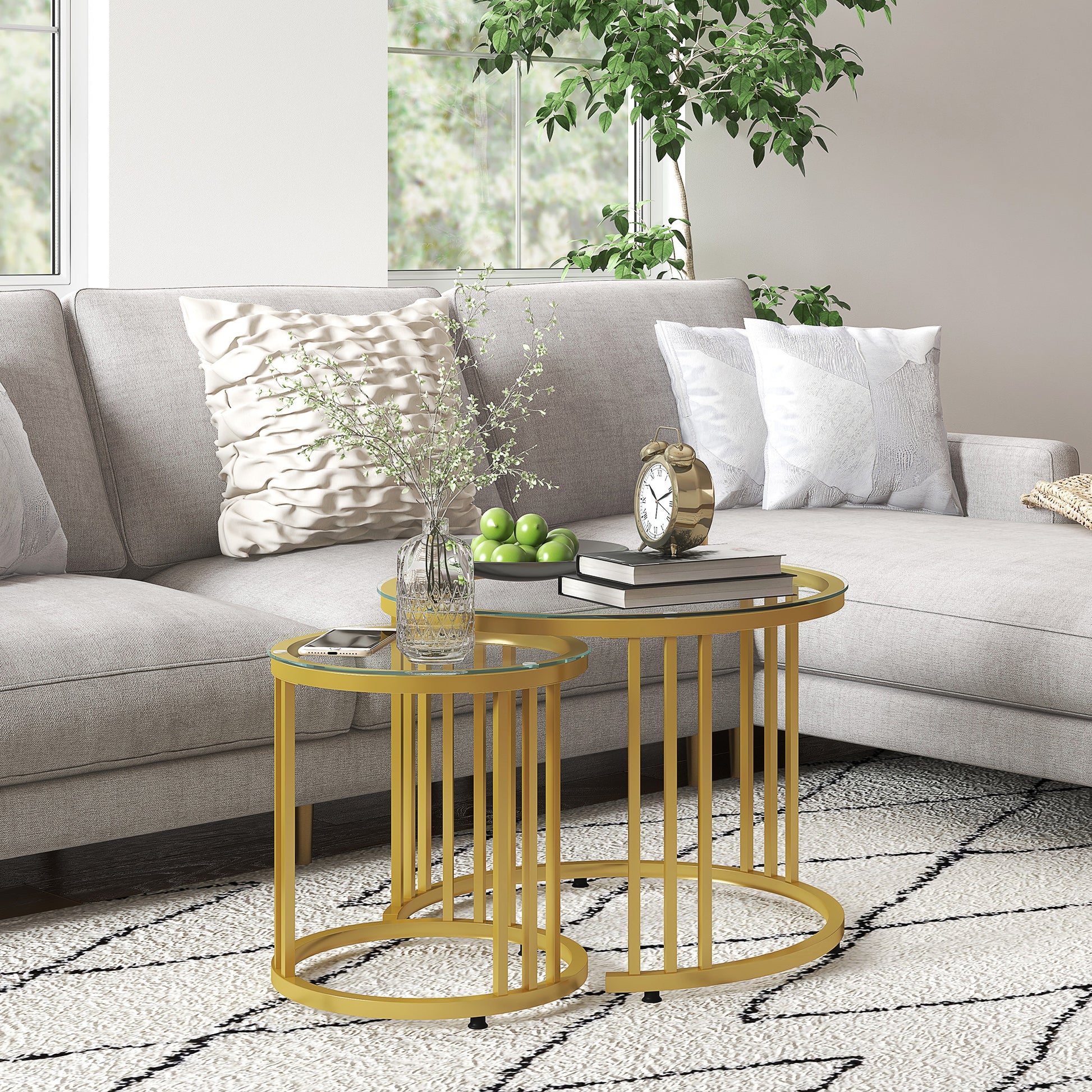 Coffee Table Set of 2, Stackable Side Table with Steel Frame, Living Room Table for Office, Bedroom, Gold
