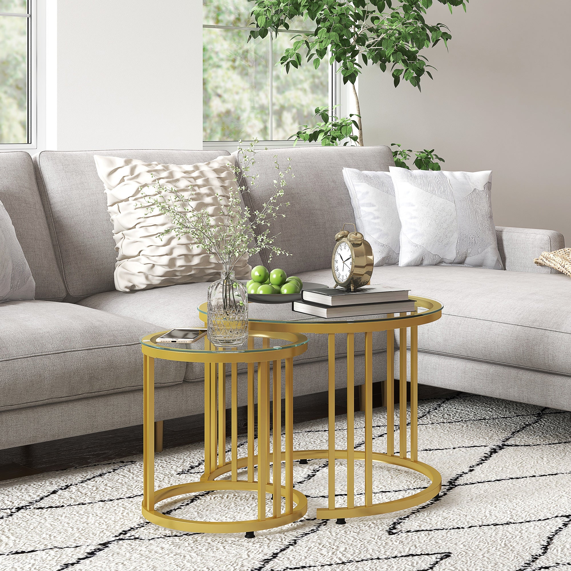Coffee Table Set of 2, Stackable Side Table with Steel Frame, Living Room Table for Office, Bedroom, Gold