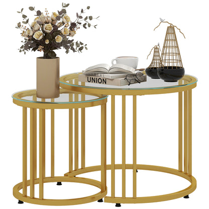 Coffee Table Set of 2, Stackable Side Table with Steel Frame, Living Room Table for Office, Bedroom, Gold
