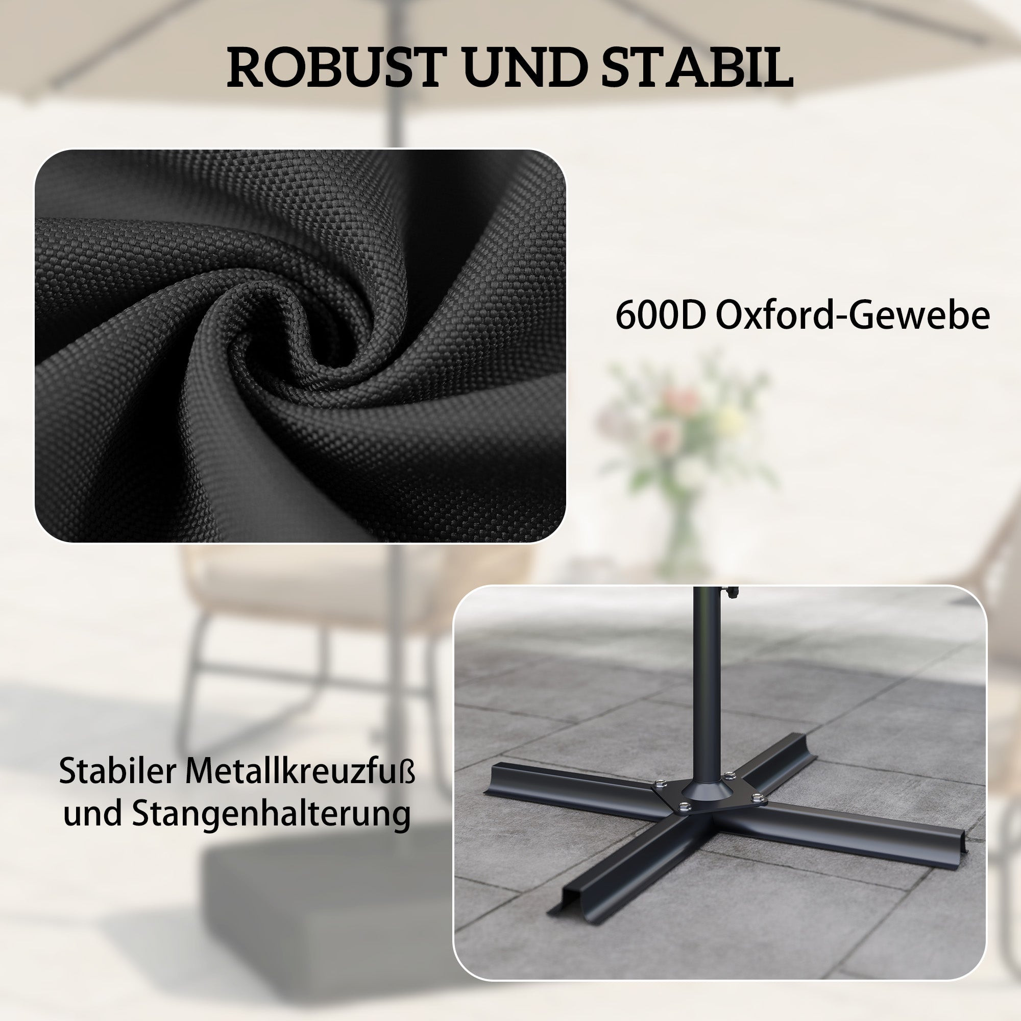 Umbrella Base with Cover, Portable, Fillable to 80 kg (176 lb), Heavy-Duty Stand for Cantilever & Outdoor Umbrellas, Fits 48 mm Poles, Black