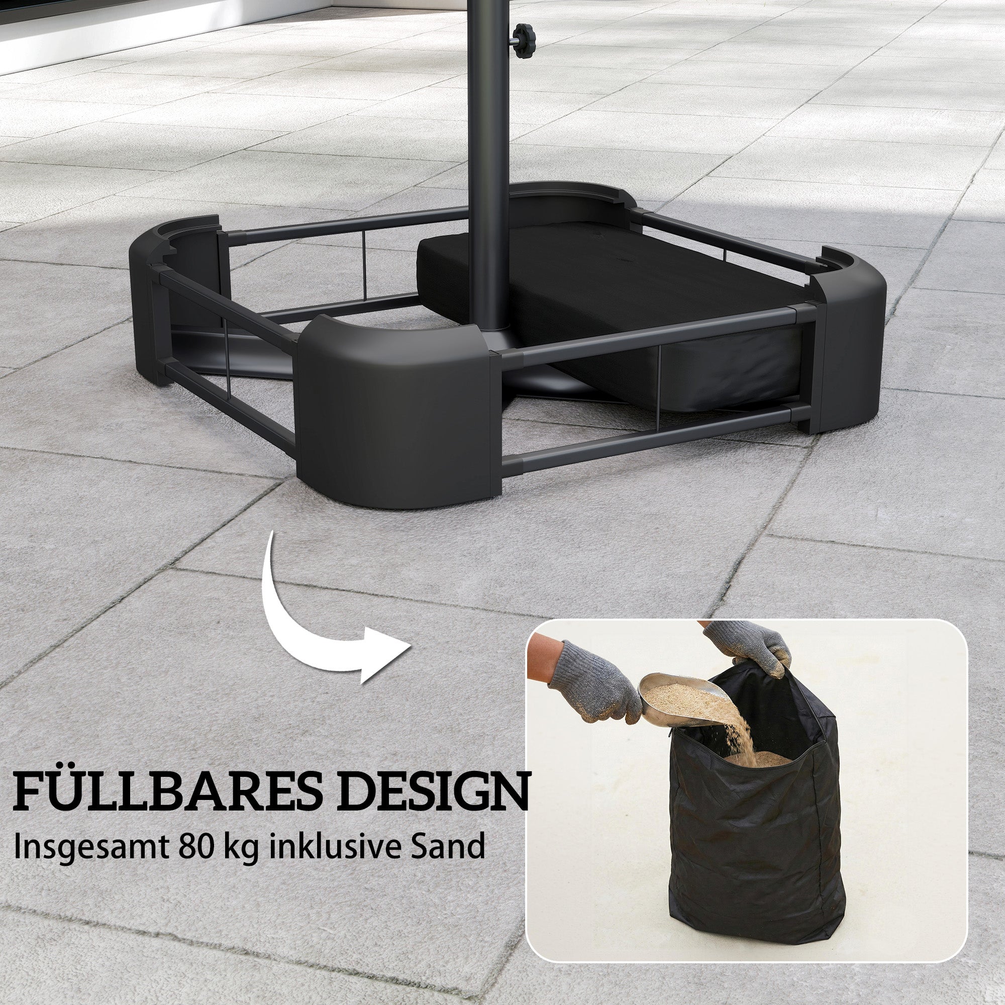 Umbrella Base with Cover, Portable, Fillable to 80 kg (176 lb), Heavy-Duty Stand for Cantilever & Outdoor Umbrellas, Fits 48 mm Poles, Black