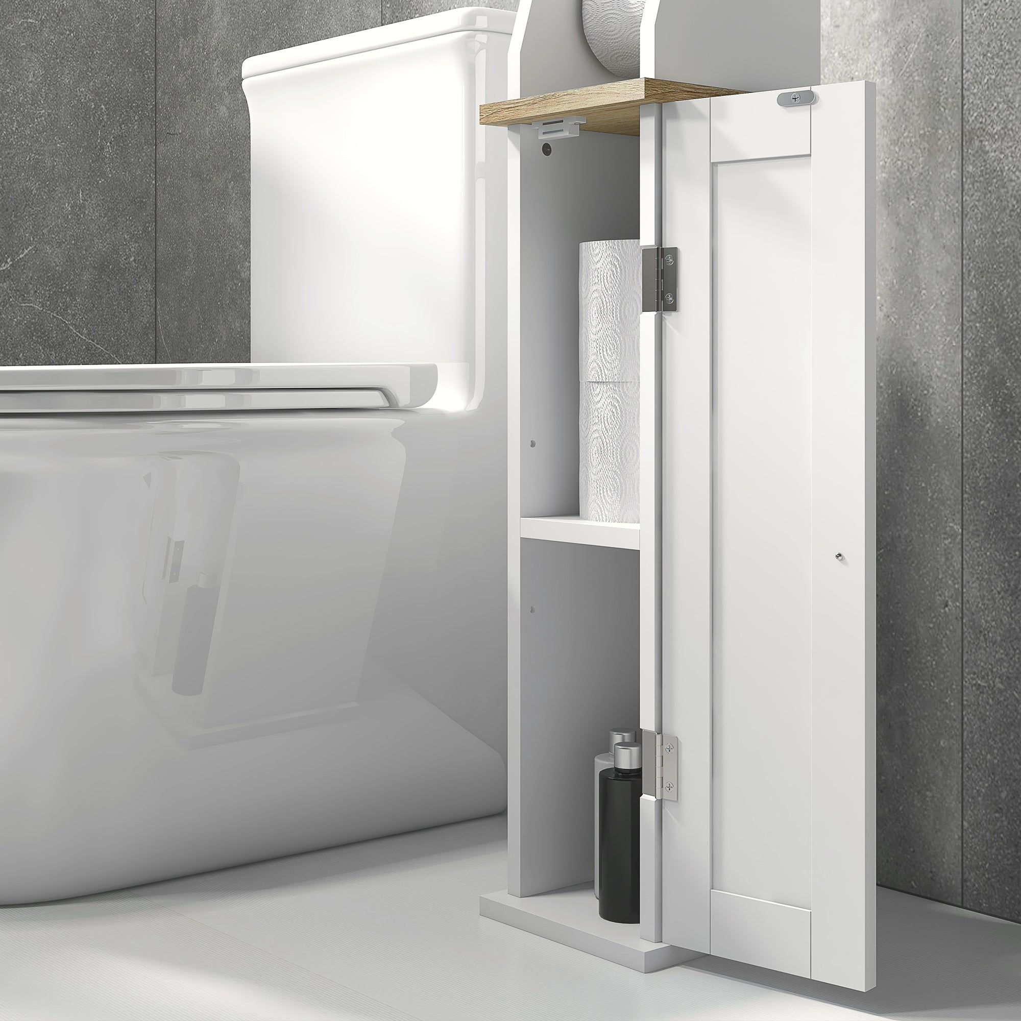 Modern Bathroom Cabinet Auxiliary Column Bathroom Floor Cabinet with Adjustable Shelves and Toilet Paper Holder 18x20x80 cm White