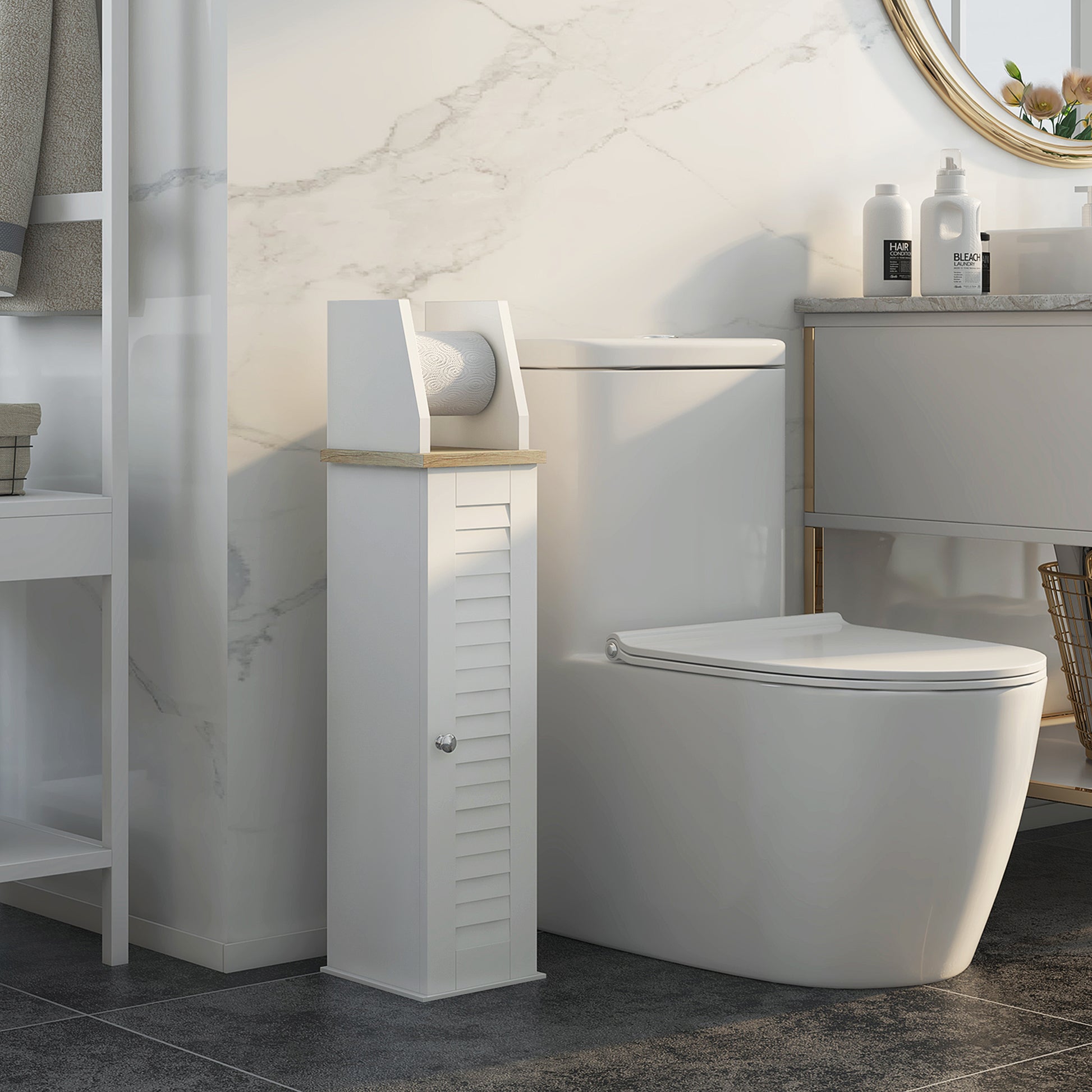 Modern Bathroom Cabinet Auxiliary Column Bathroom Floor Cabinet with Adjustable Shelves and Toilet Paper Holder 18x20x80 cm White