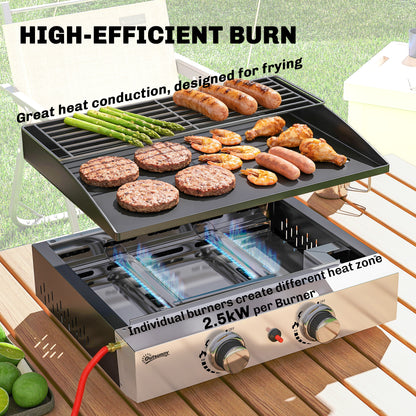 Portable Tabletop Gas Grill, 5 kW, 2 Burners, Ceramic-Coated Griddle, Warming Rack, Removable Grease Tray, Stainless Steel — Picnic & Balcony Grill