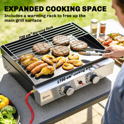 Portable Tabletop Gas Grill, 5 kW, 2 Burners, Ceramic-Coated Griddle, Warming Rack, Removable Grease Tray, Stainless Steel — Picnic & Balcony Grill