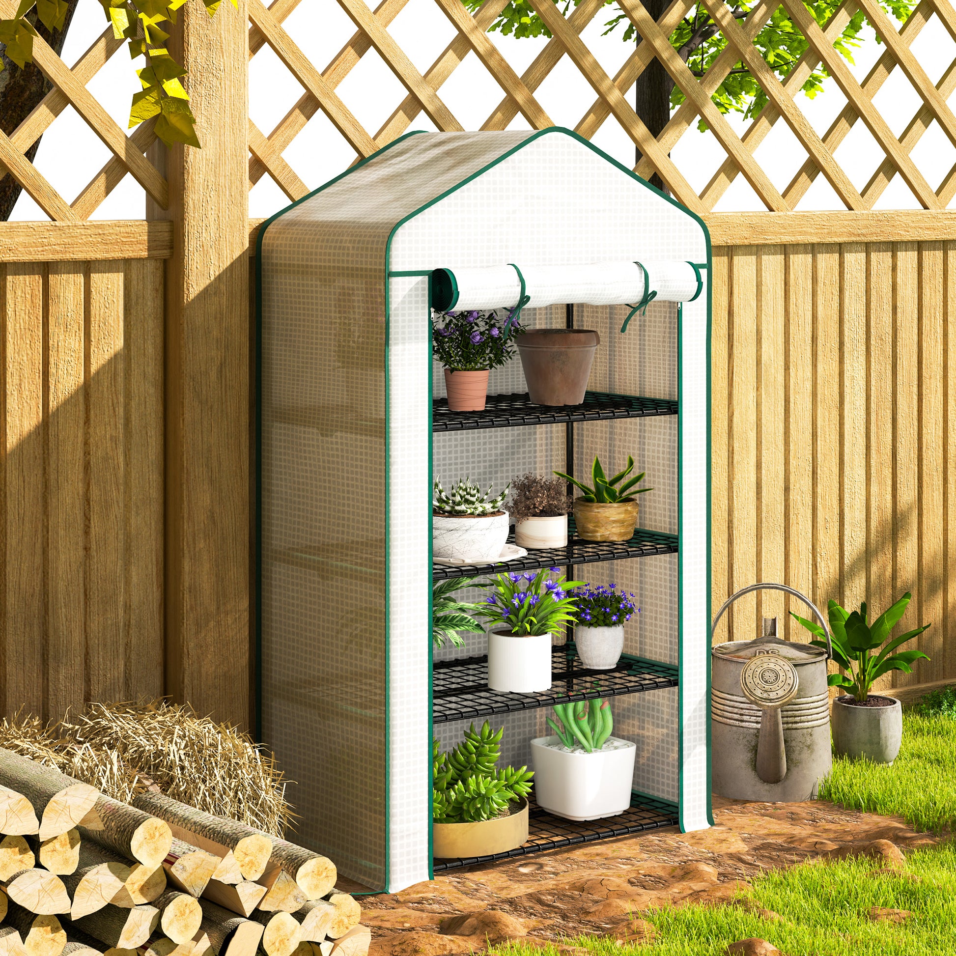 PE Garden Greenhouse with 4 Tiers Shelves, Balcony Greenhouse, Reinforced 135 g/m² Tarp, Steel Frame, Roll-Up Zippered Door, for Vegetables Plants Flowers, 90 x 49 x 160 cm, White