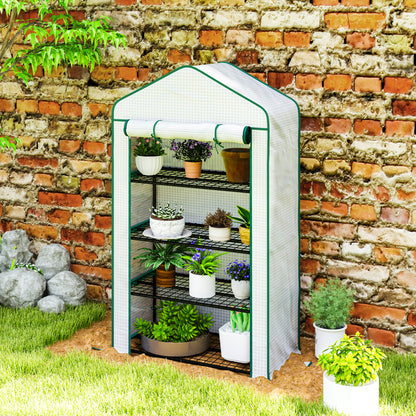 PE Garden Greenhouse with 4 Tiers Shelves, Balcony Greenhouse, Reinforced 135 g/m² Tarp, Steel Frame, Roll-Up Zippered Door, for Vegetables Plants Flowers, 90 x 49 x 160 cm, White