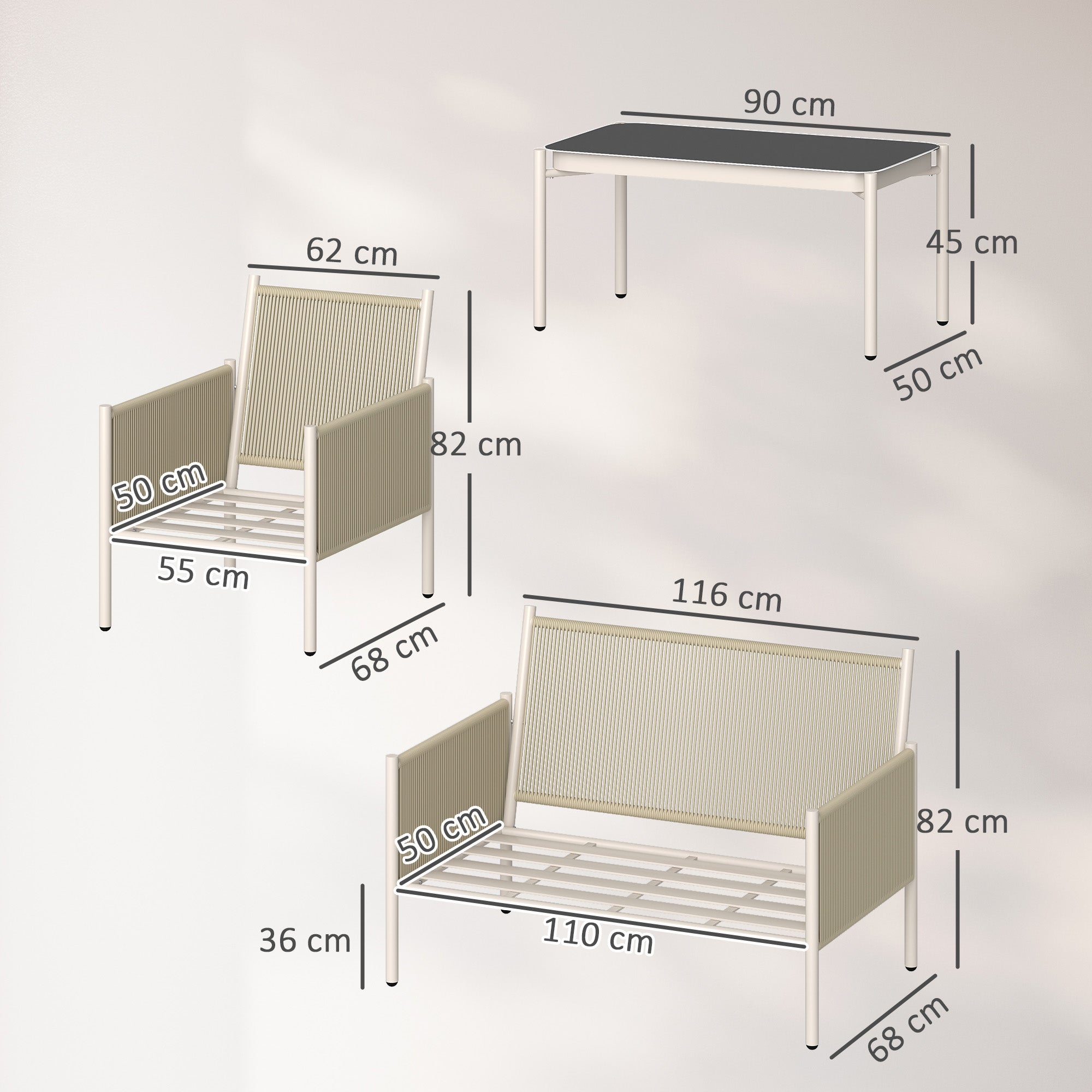 Rattan Garden Furniture Set Lounge Set with 2-Seater Sofa Armchair Glass Table Cushions Weatherproof Seating Group for 4 People Outdoor Balcony Furniture Set Patio Furniture for Garden Balcony Brown+Gray