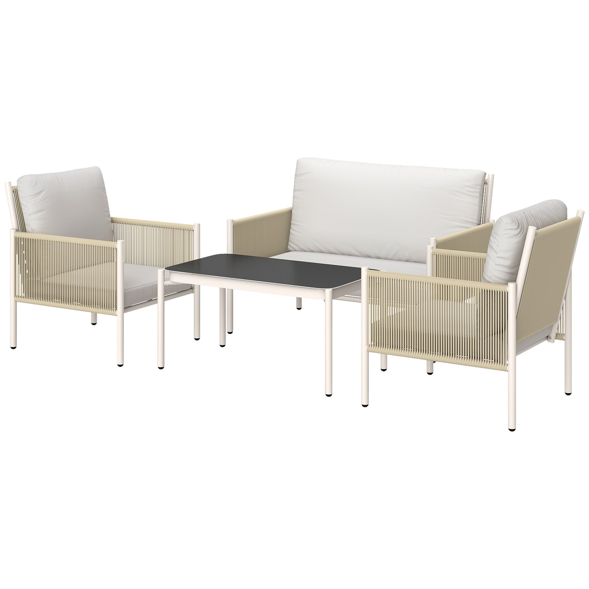 Rattan Garden Furniture Set Lounge Set with 2-Seater Sofa Armchair Glass Table Cushions Weatherproof Seating Group for 4 People Outdoor Balcony Furniture Set Patio Furniture for Garden Balcony Brown+Gray