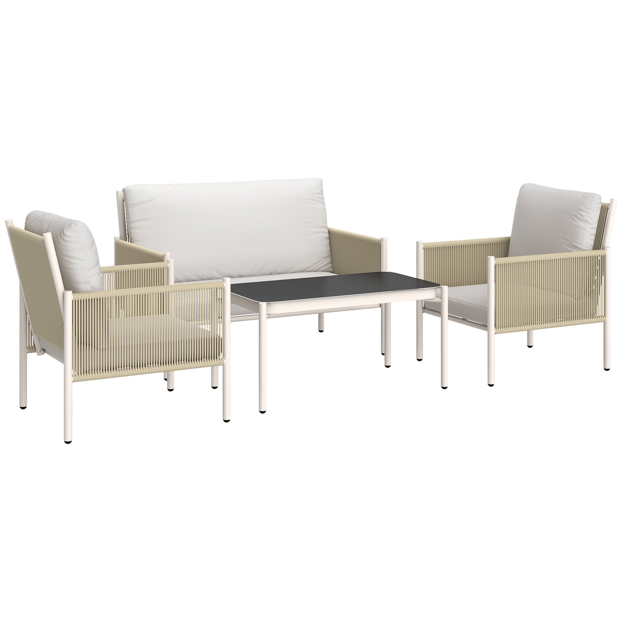 Rattan Garden Furniture Set Lounge Set with 2-Seater Sofa Armchair Glass Table Cushions Weatherproof Seating Group for 4 People Outdoor Balcony Furniture Set Patio Furniture for Garden Balcony Brown+Gray