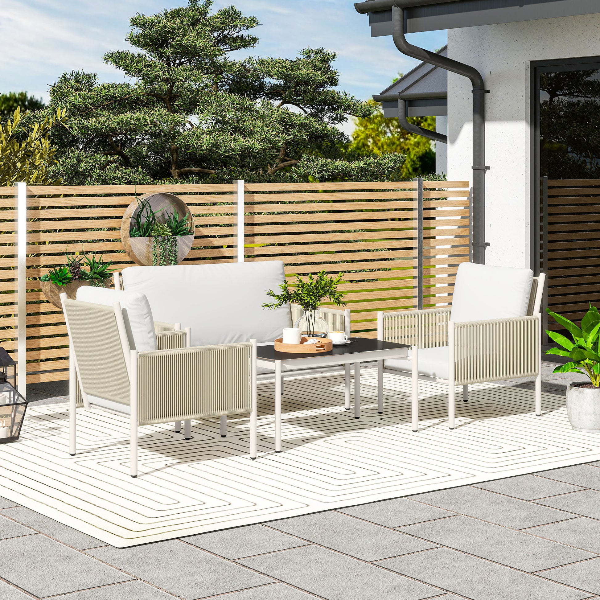Rattan Garden Furniture Set Lounge Set with 2-Seater Sofa Armchair Glass Table Cushions Weatherproof Seating Group for 4 People Outdoor Balcony Furniture Set Patio Furniture for Garden Balcony Brown+Gray