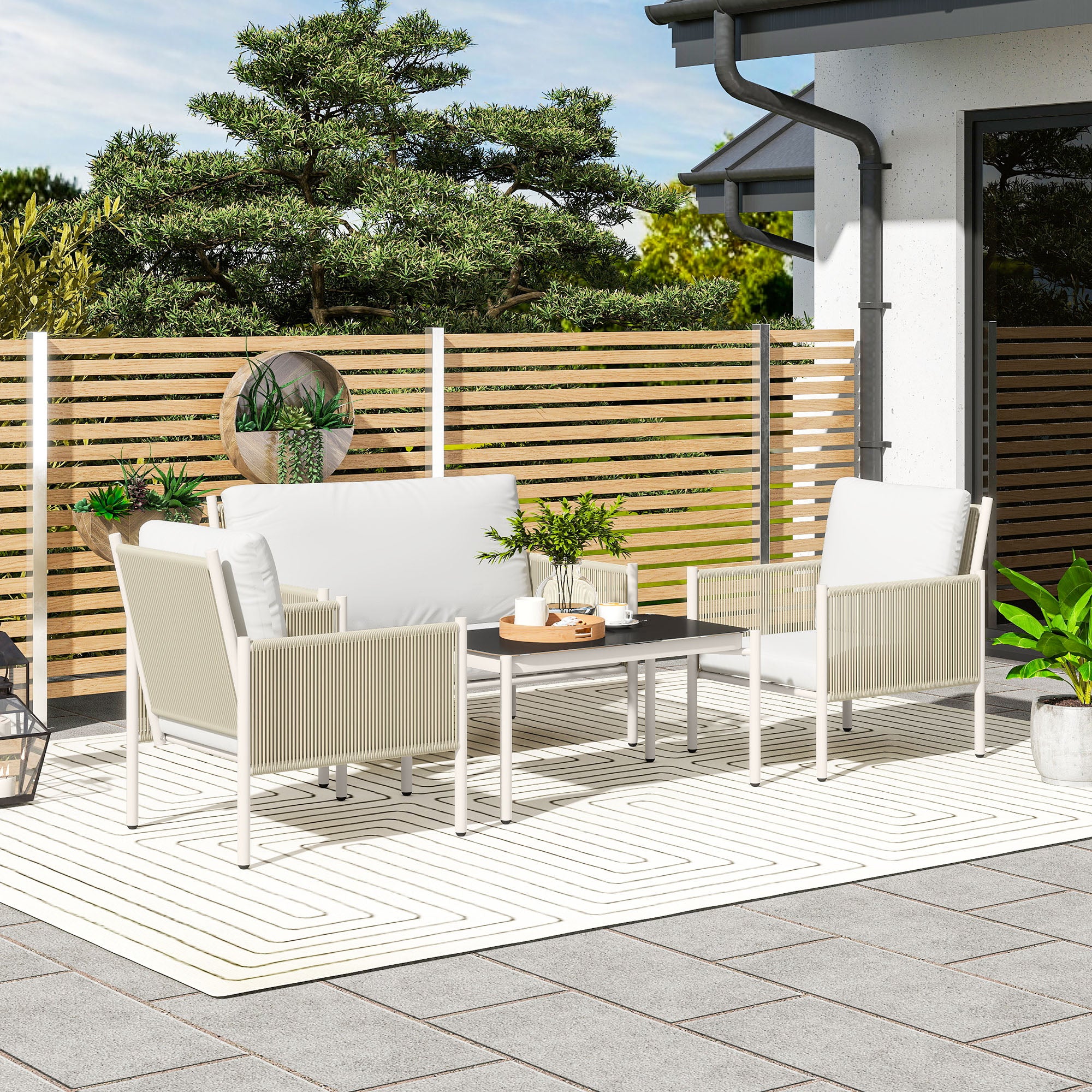 Rattan Garden Furniture Set Lounge Set with 2-Seater Sofa Armchair Glass Table Cushions Weatherproof Seating Group for 4 People Outdoor Balcony Furniture Set Patio Furniture for Garden Balcony Brown+Gray