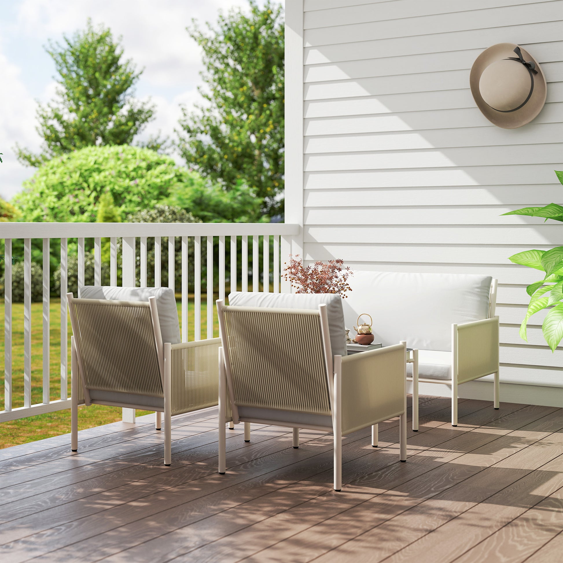 Rattan Garden Furniture Set Lounge Set with 2-Seater Sofa Armchair Glass Table Cushions Weatherproof Seating Group for 4 People Outdoor Balcony Furniture Set Patio Furniture for Garden Balcony Brown+Gray
