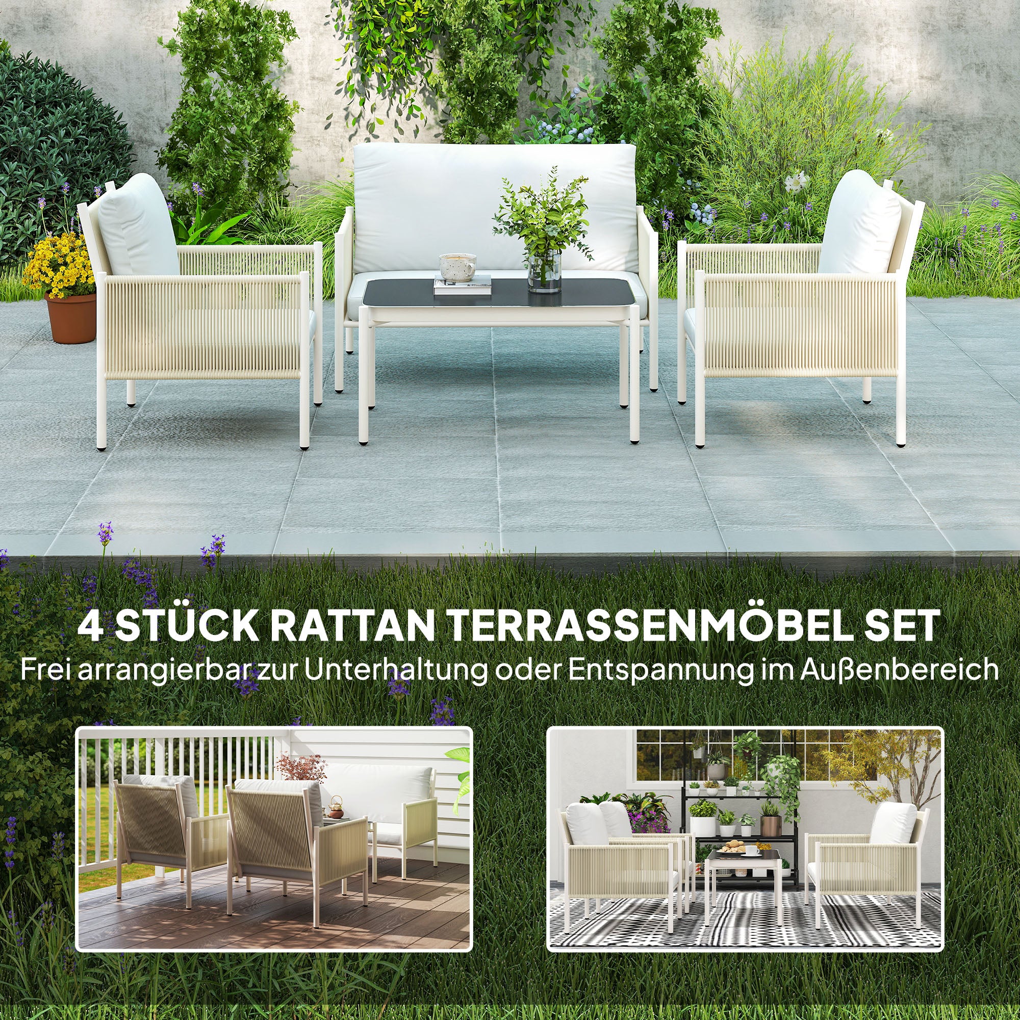 Rattan Garden Furniture Set Lounge Set with 2-Seater Sofa Armchair Glass Table Cushions Weatherproof Seating Group for 4 People Outdoor Balcony Furniture Set Patio Furniture for Garden Balcony Brown+Gray