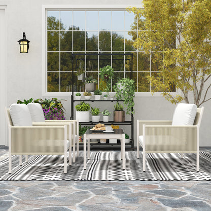 Rattan Garden Furniture Set Lounge Set with 2-Seater Sofa Armchair Glass Table Cushions Weatherproof Seating Group for 4 People Outdoor Balcony Furniture Set Patio Furniture for Garden Balcony Brown+Gray