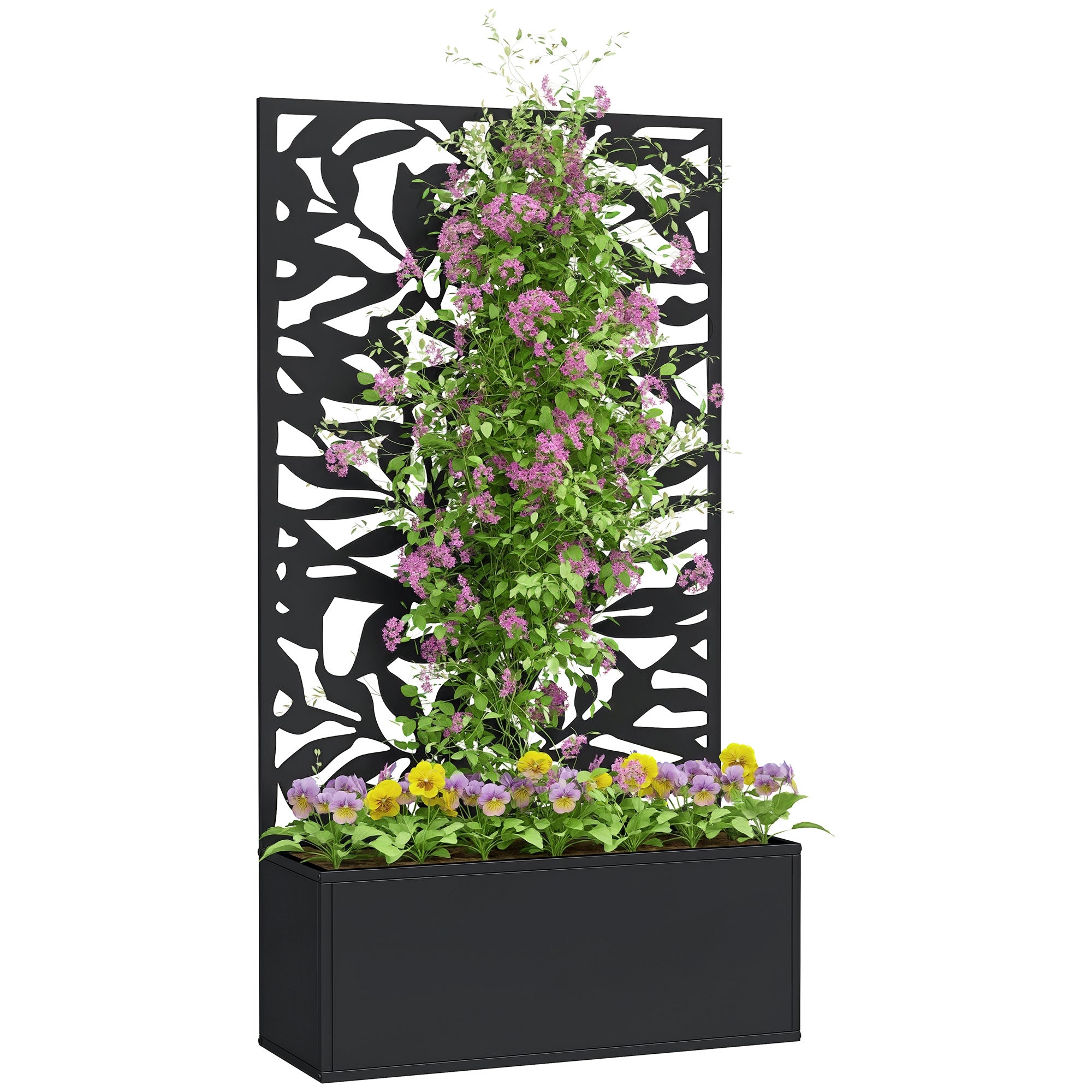 Planter with Trellis, Privacy Screen, Outdoor Metal Planter on Legs or Wall-Mounted, Full Leaf Patterns, Rectangular Flower Box for Balcony Garden Patio, 61x23x113 cm, Black