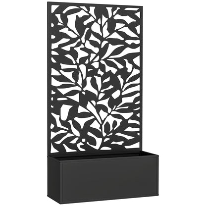 Planter with Trellis, Privacy Screen, Outdoor Metal Planter on Legs or Wall-Mounted, Full Leaf Patterns, Rectangular Flower Box for Balcony Garden Patio, 61x23x113 cm, Black