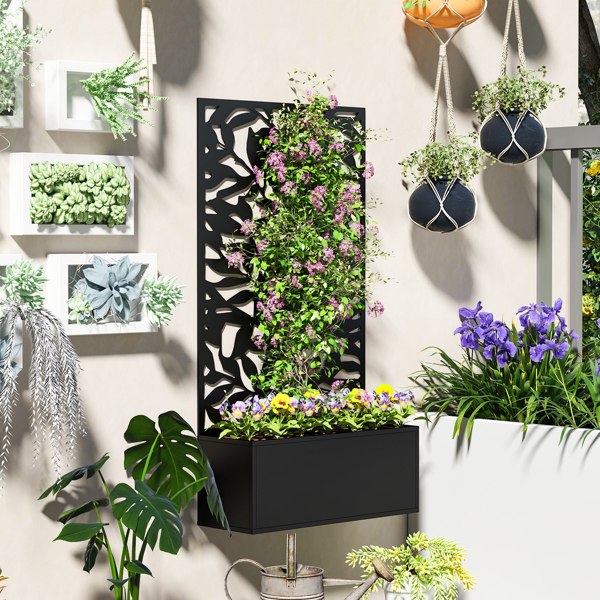 Planter with Trellis, Privacy Screen, Outdoor Metal Planter on Legs or Wall-Mounted, Full Leaf Patterns, Rectangular Flower Box for Balcony Garden Patio, 61x23x113 cm, Black