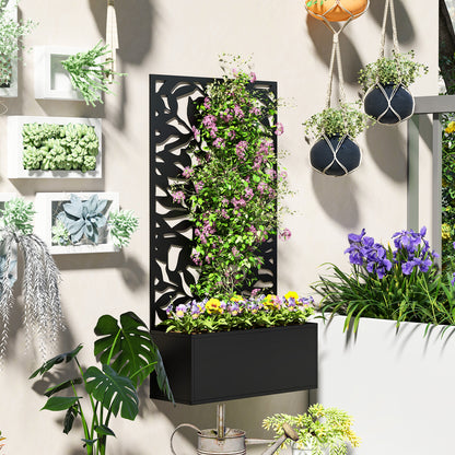 Planter with Trellis, Privacy Screen, Outdoor Metal Planter on Legs or Wall-Mounted, Full Leaf Patterns, Rectangular Flower Box for Balcony Garden Patio, 61x23x113 cm, Black