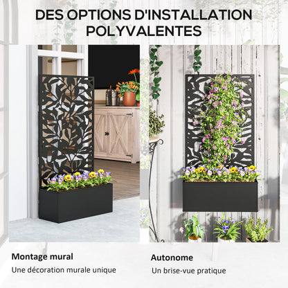 Planter with Trellis, Privacy Screen, Outdoor Metal Planter on Legs or Wall-Mounted, Full Leaf Patterns, Rectangular Flower Box for Balcony Garden Patio, 61x23x113 cm, Black
