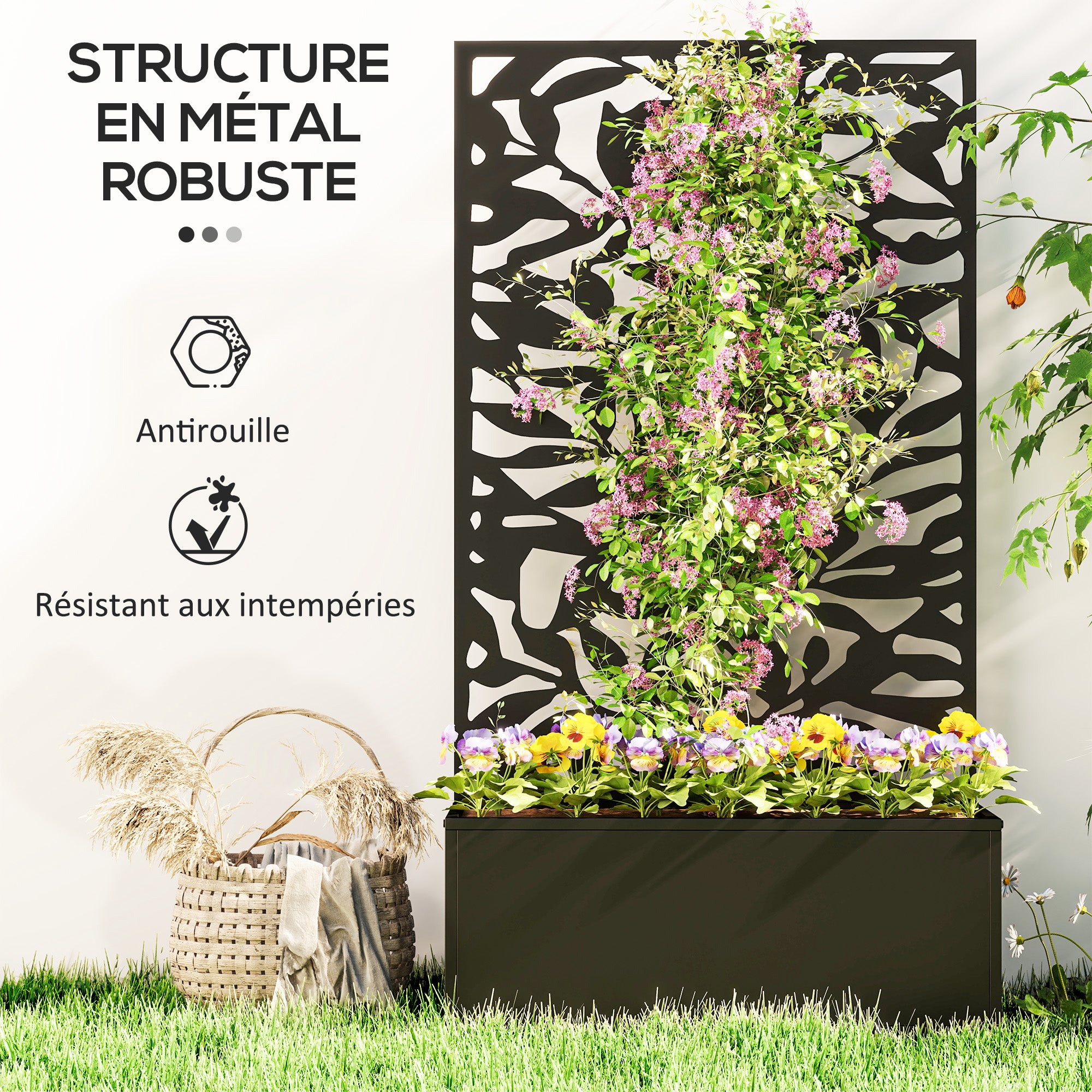 Planter with Trellis, Privacy Screen, Outdoor Metal Planter on Legs or Wall-Mounted, Full Leaf Patterns, Rectangular Flower Box for Balcony Garden Patio, 61x23x113 cm, Black