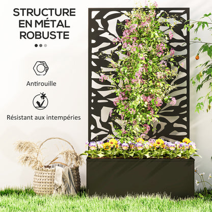 Planter with Trellis, Privacy Screen, Outdoor Metal Planter on Legs or Wall-Mounted, Full Leaf Patterns, Rectangular Flower Box for Balcony Garden Patio, 61x23x113 cm, Black