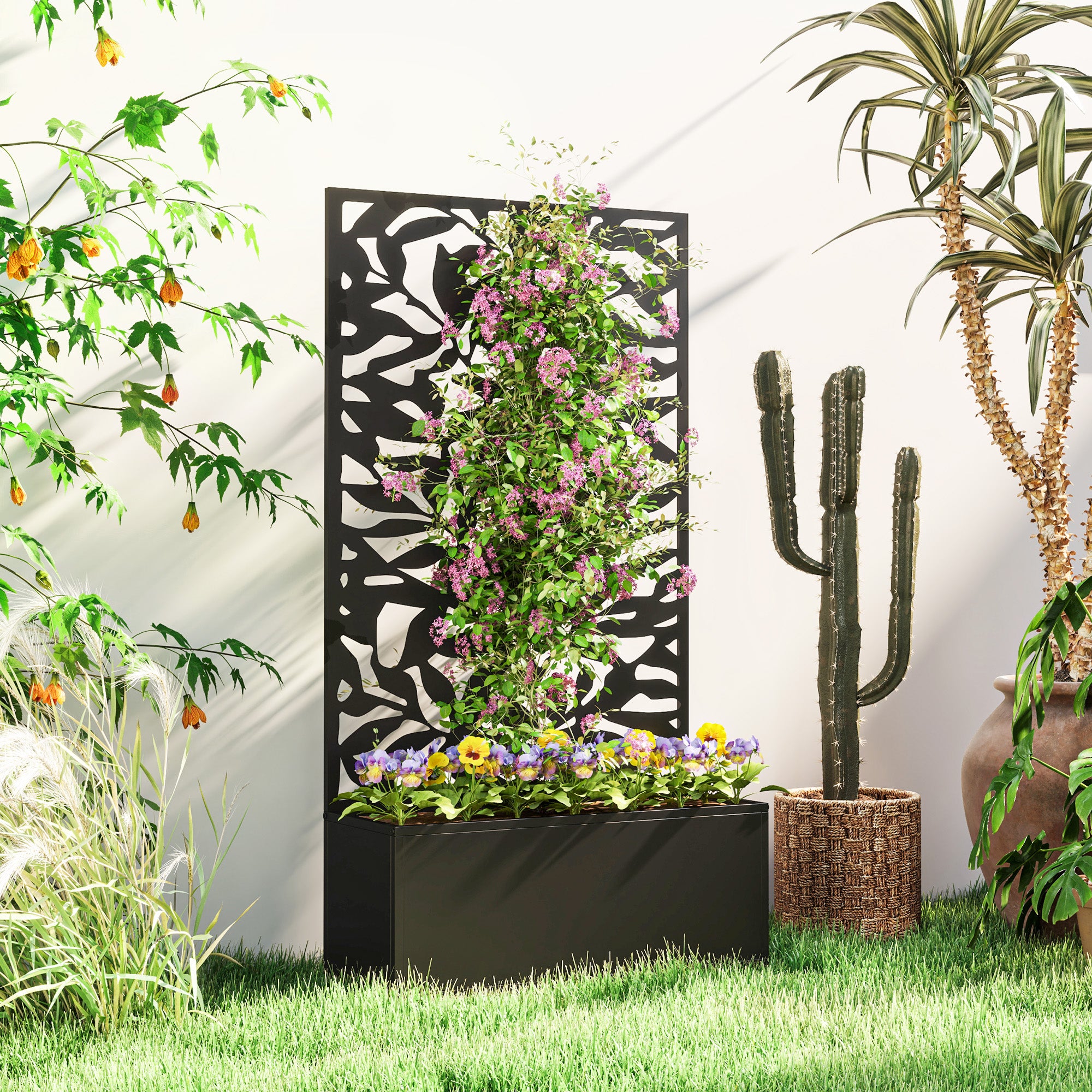 Planter with Trellis, Privacy Screen, Outdoor Metal Planter on Legs or Wall-Mounted, Full Leaf Patterns, Rectangular Flower Box for Balcony Garden Patio, 61x23x113 cm, Black