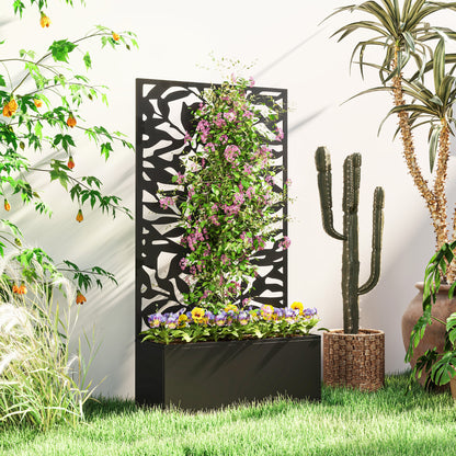 Planter with Trellis, Privacy Screen, Outdoor Metal Planter on Legs or Wall-Mounted, Full Leaf Patterns, Rectangular Flower Box for Balcony Garden Patio, 61x23x113 cm, Black