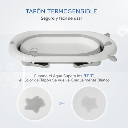 Foldable Baby Bathtub Baby Bath 0-3 Years 81.5x50.5x23.5 cm with Thermosensitive Plug, Cushion, and Non-Slip Pads Gray