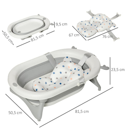 Foldable Baby Bathtub Baby Bath 0-3 Years 81.5x50.5x23.5 cm with Thermosensitive Plug, Cushion, and Non-Slip Pads Gray