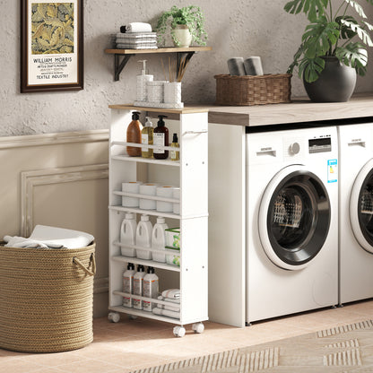 4-Tier Narrow Rolling Kitchen Cart with Handle & Brakes, Versatile Utility Trolley for Kitchen, Office, Bathroom — Natural