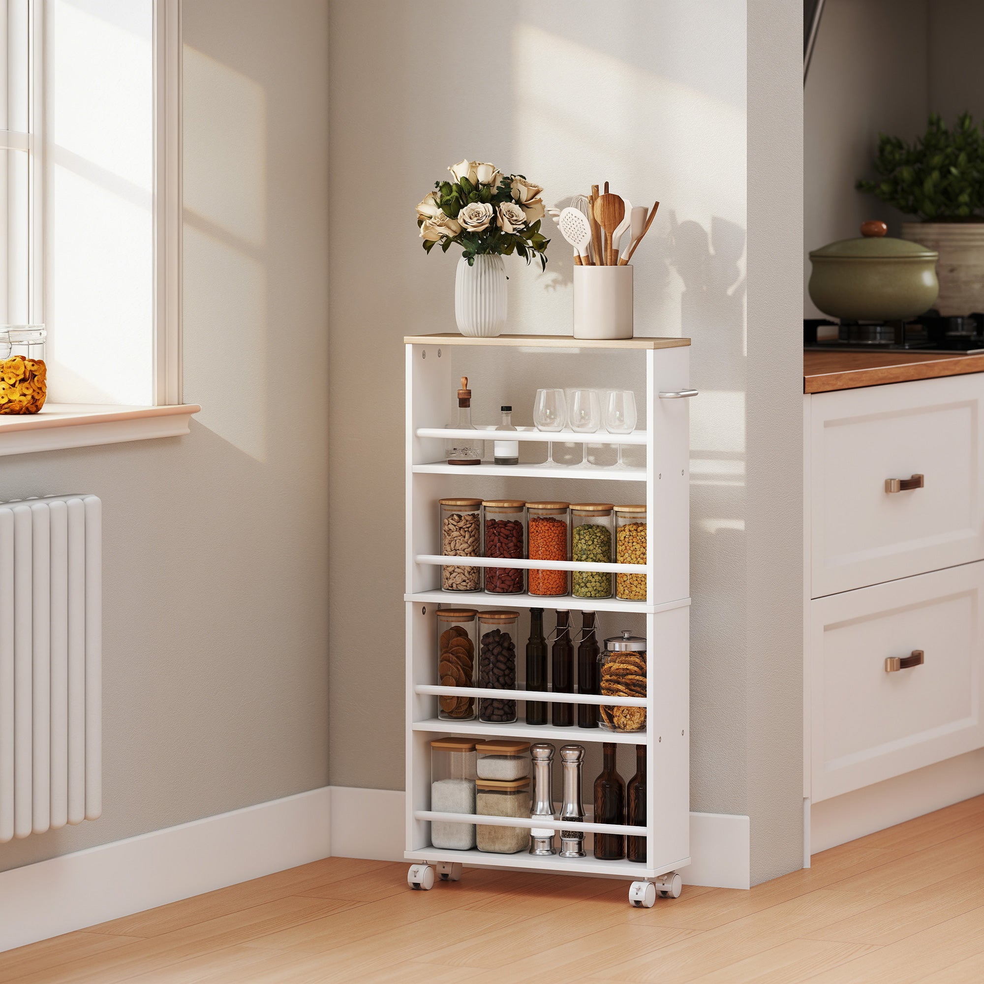 4-Tier Narrow Rolling Kitchen Cart with Handle & Brakes, Versatile Utility Trolley for Kitchen, Office, Bathroom — Natural