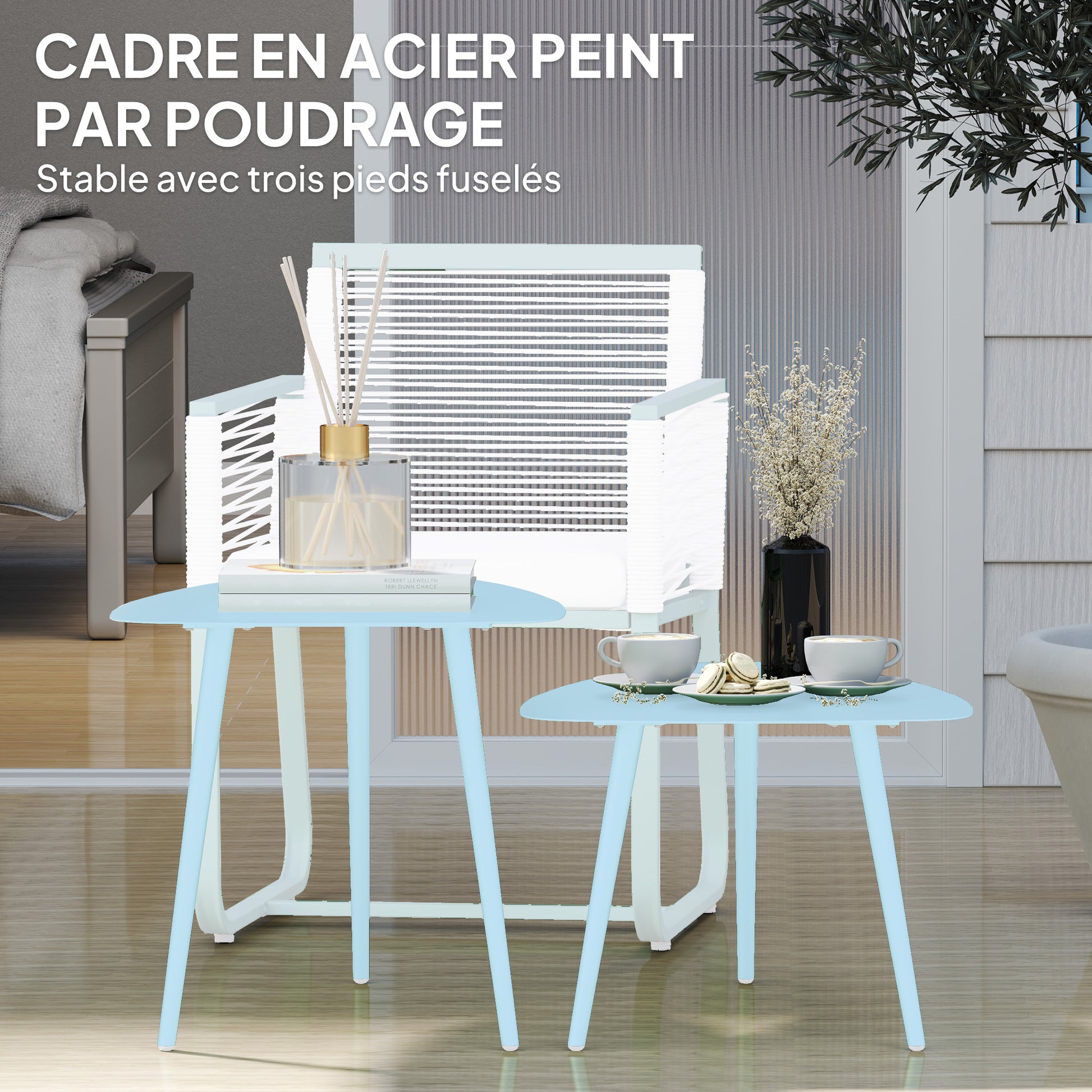 Set of 2 garden coffee tables, triangular nesting side tables, steel frame, with adjustable pads for balcony, patio, garden, light blue