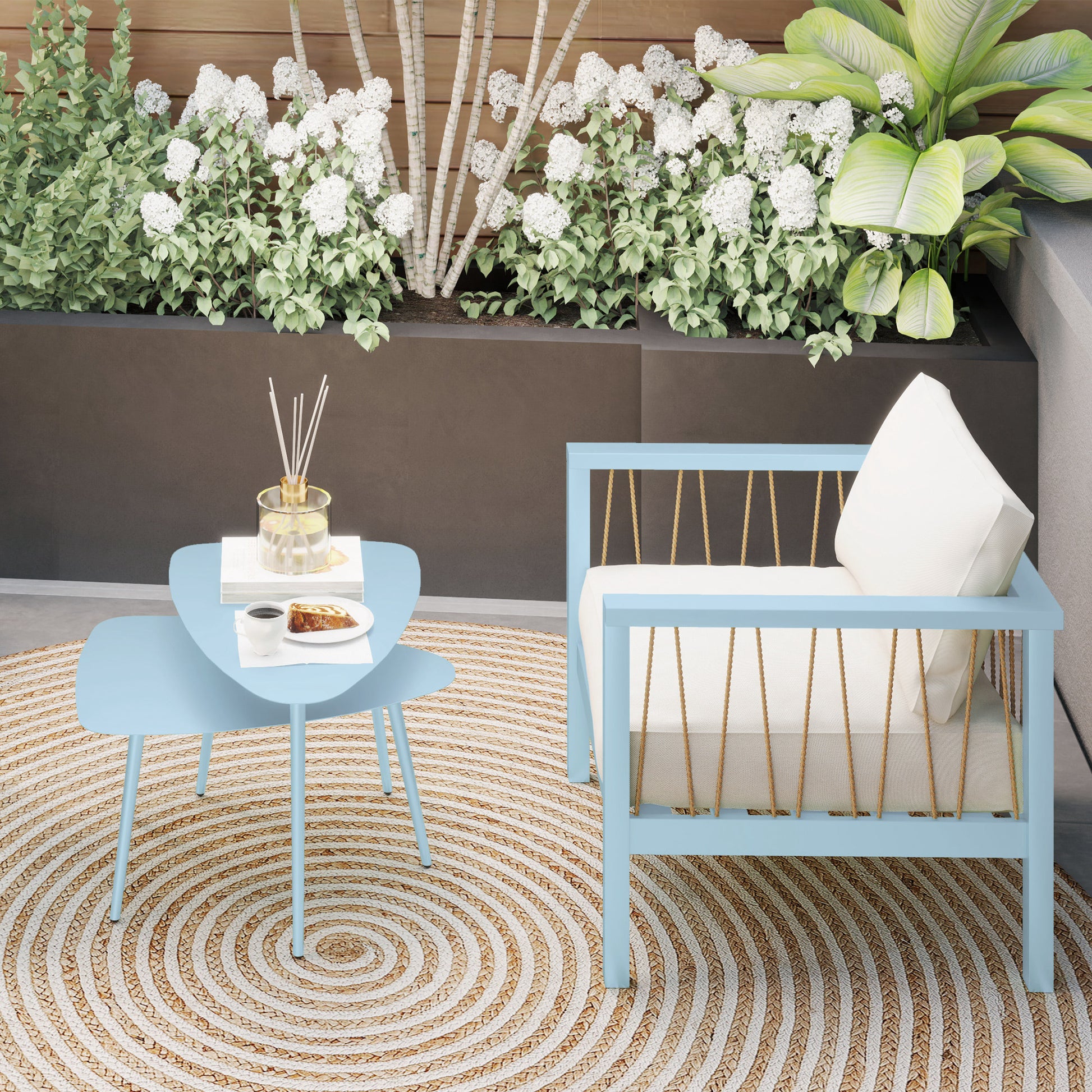 Set of 2 garden coffee tables, triangular nesting side tables, steel frame, with adjustable pads for balcony, patio, garden, light blue