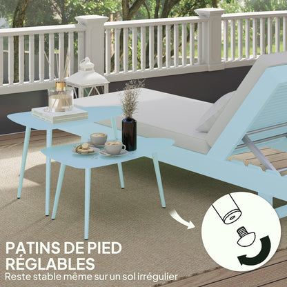 Set of 2 garden coffee tables, triangular nesting side tables, steel frame, with adjustable pads for balcony, patio, garden, light blue
