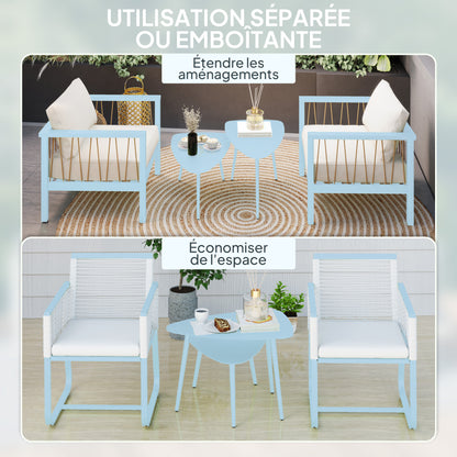 Set of 2 garden coffee tables, triangular nesting side tables, steel frame, with adjustable pads for balcony, patio, garden, light blue