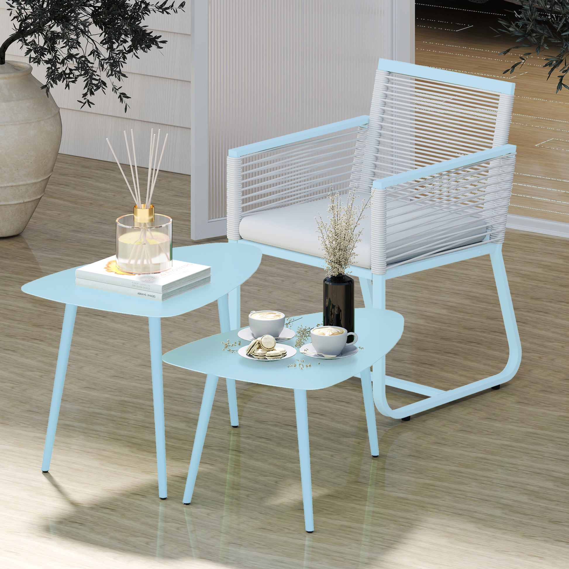 Set of 2 garden coffee tables, triangular nesting side tables, steel frame, with adjustable pads for balcony, patio, garden, light blue