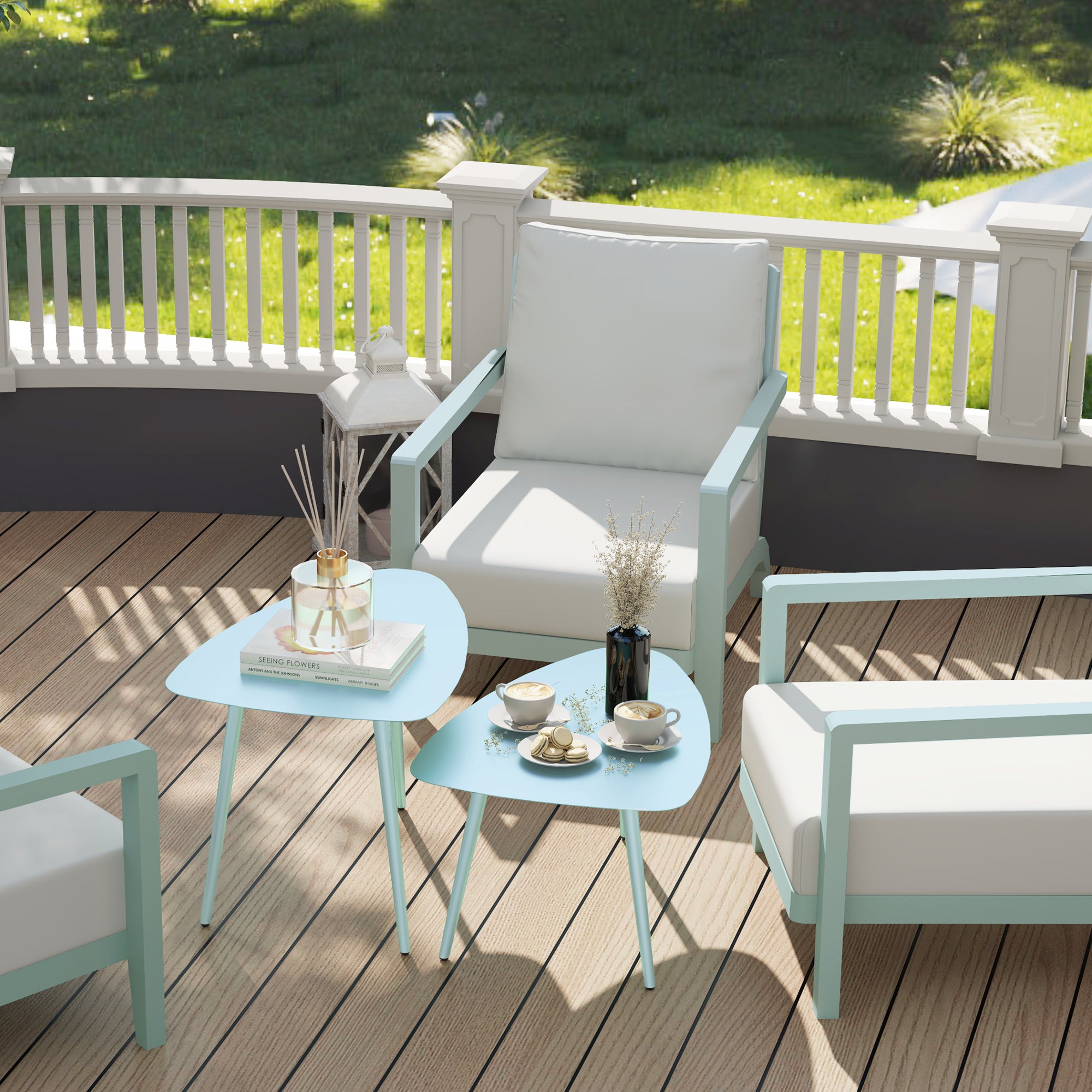 Set of 2 garden coffee tables, triangular nesting side tables, steel frame, with adjustable pads for balcony, patio, garden, light blue