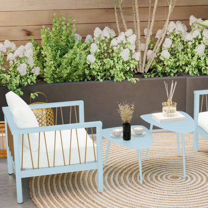 Set of 2 garden coffee tables, triangular nesting side tables, steel frame, with adjustable pads for balcony, patio, garden, light blue
