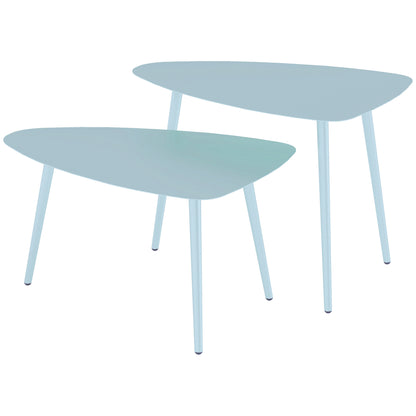 Set of 2 garden coffee tables, triangular nesting side tables, steel frame, with adjustable pads for balcony, patio, garden, light blue