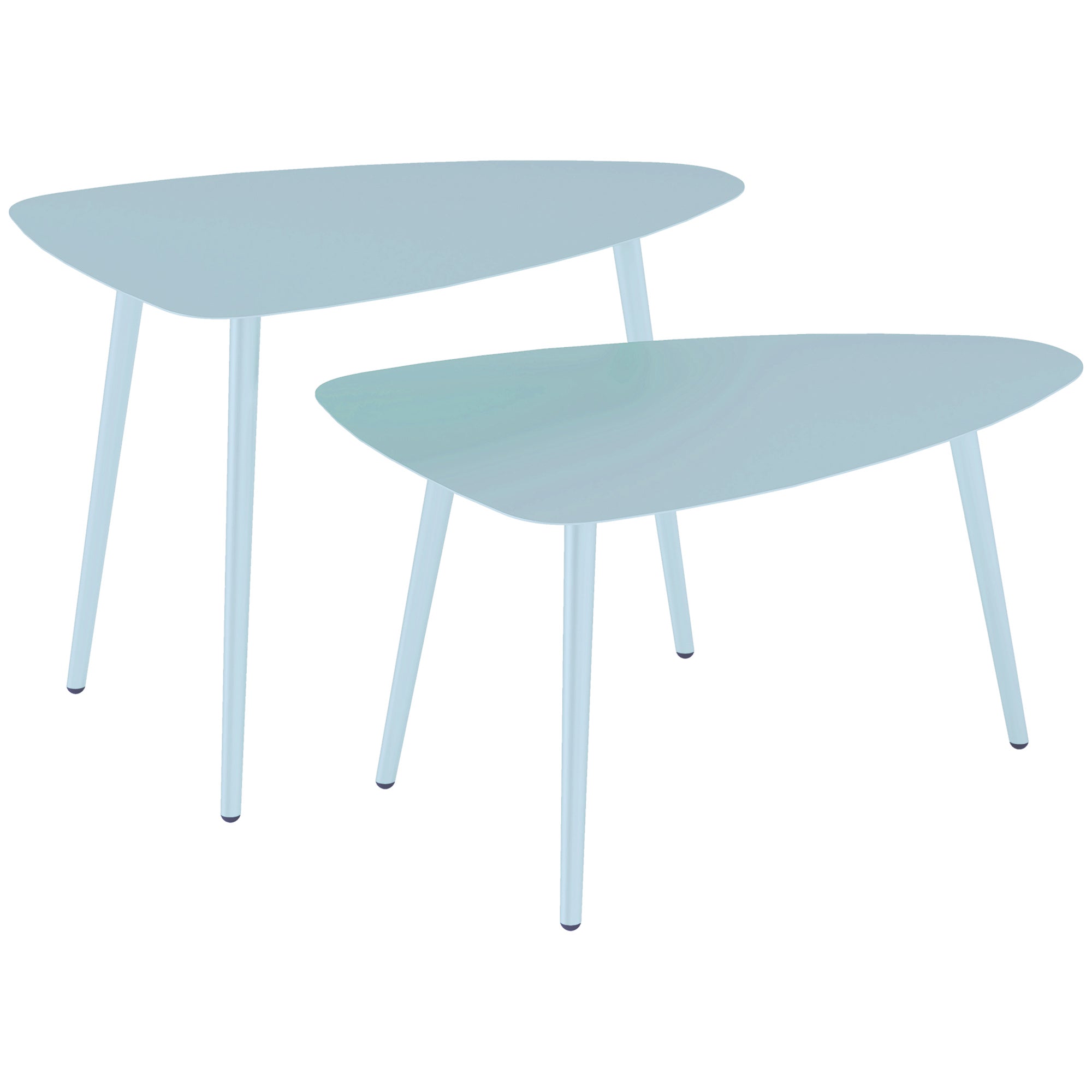 Set of 2 garden coffee tables, triangular nesting side tables, steel frame, with adjustable pads for balcony, patio, garden, light blue